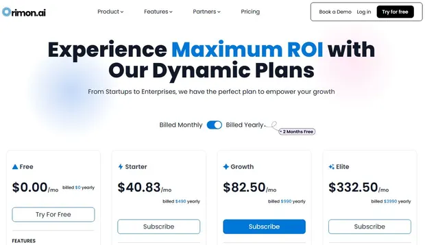 Orimon.ai pricing plans - Get 2 month FREE on Annual Billing